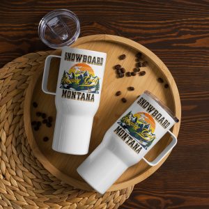 Raging Goat Snowboard Montana Travel Mug with Handle, Gift for Dad, Mom, Boyfriend or Girlfriend,