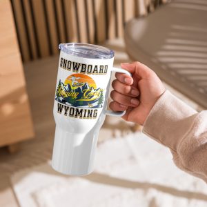 Raging Goat Snowboard Wyoming Travel Mug with Handle, Gift for Dad, Mom, Boyfriend or Girlfriend,