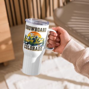 Raging Goat Snowboard Colorado Travel Mug with Handle, Gift for Dad, Mom, Boyfriend or Girlfriend,