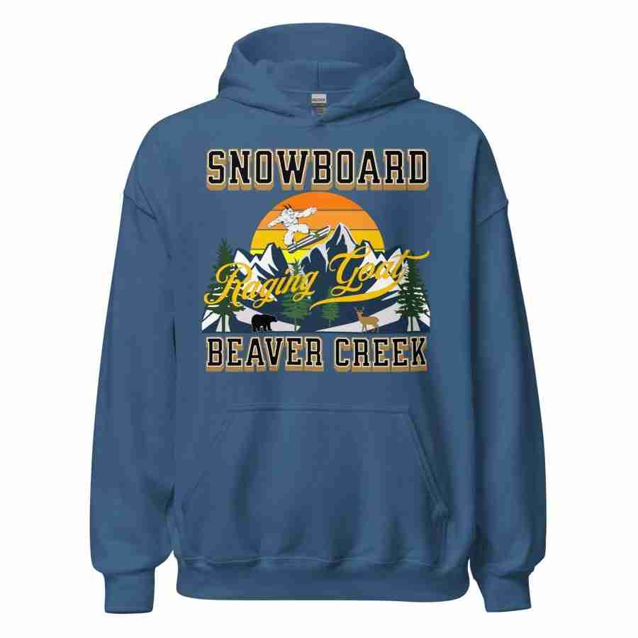 Raging Goat Raging Goat Snowboard Beaver Creek Colorado Unisex Hoodie Style Sweatshirt T-shirt for Snowboarding and Winter Wear., Gift for Men women and Teens. unisex heavy blend hoodie indigo blue front 656f54e9c3b4d