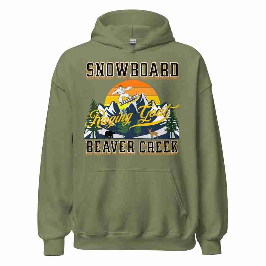 Raging Goat Raging Goat Snowboard Beaver Creek Colorado Unisex Hoodie Style Sweatshirt T-shirt for Snowboarding and Winter Wear., Gift for Men women and Teens. unisex heavy blend hoodie military green front 656f54e9c6b85