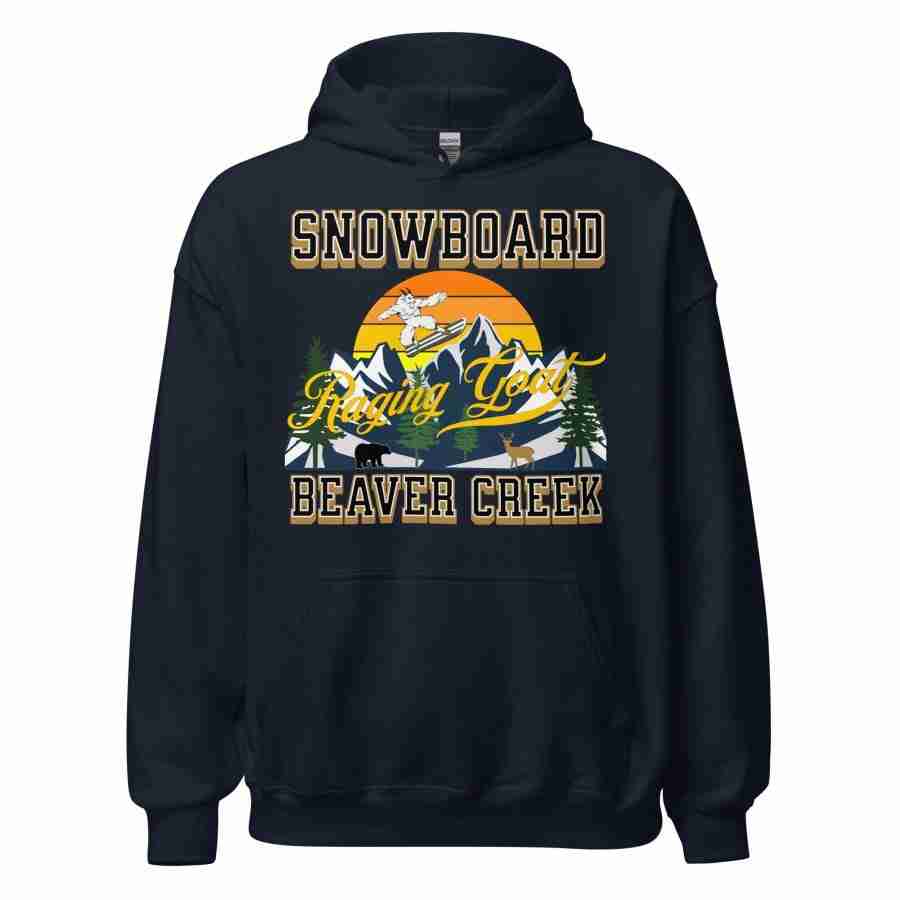 Raging Goat Raging Goat Snowboard Beaver Creek Colorado Unisex Hoodie Style Sweatshirt T-shirt for Snowboarding and Winter Wear., Gift for Men women and Teens. unisex heavy blend hoodie navy front 656f54e9c1f51