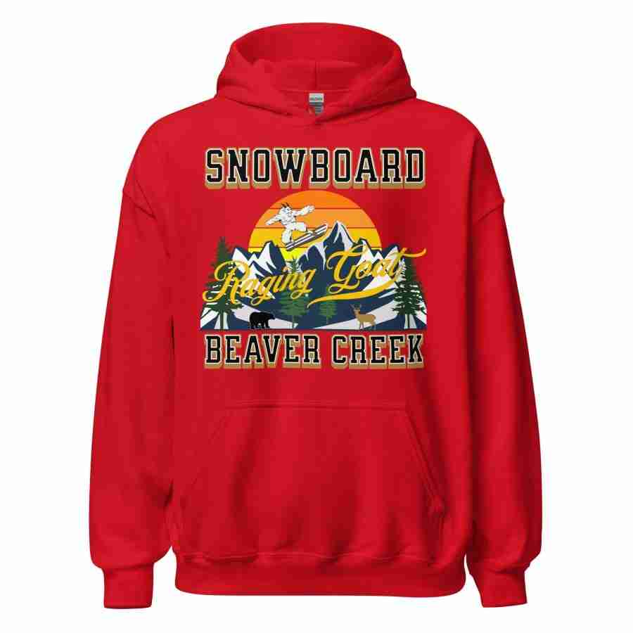 Raging Goat Raging Goat Snowboard Beaver Creek Colorado Unisex Hoodie Style Sweatshirt T-shirt for Snowboarding and Winter Wear., Gift for Men women and Teens. unisex heavy blend hoodie red front 656f54e9c2e88