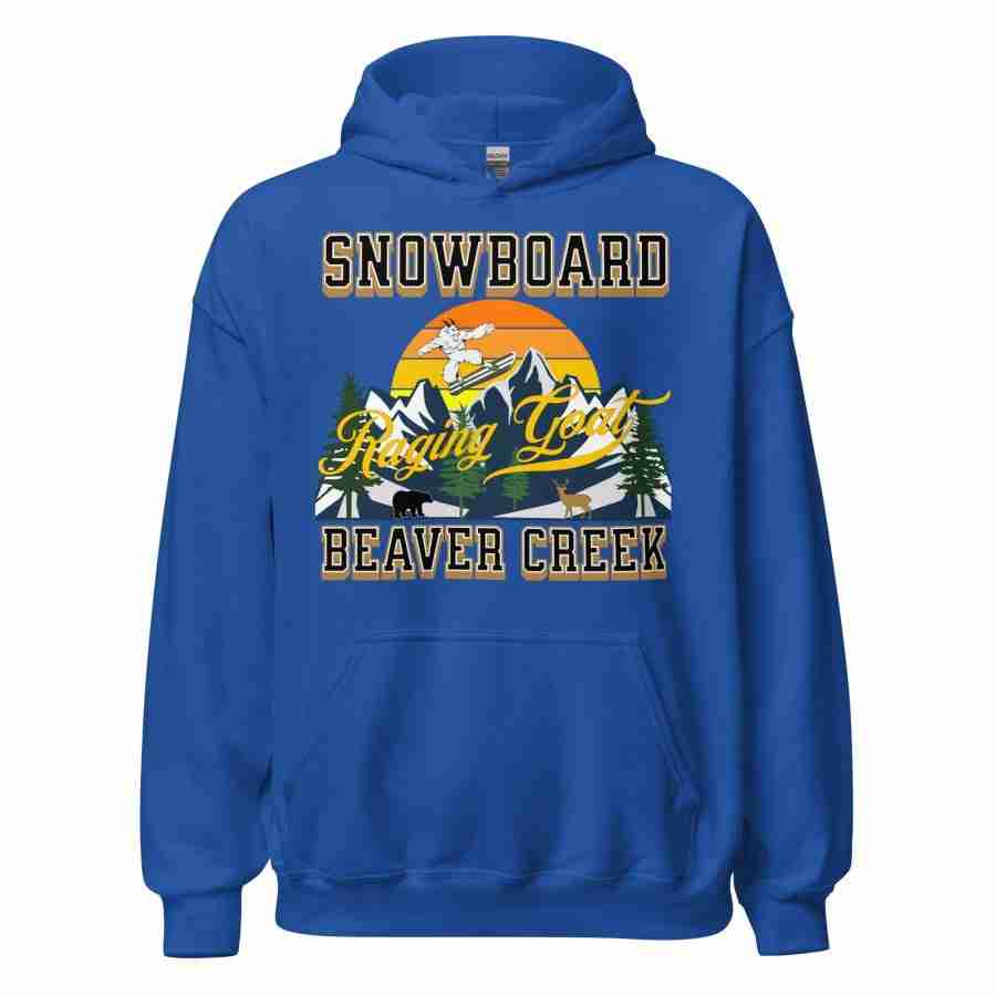 Raging Goat Raging Goat Snowboard Beaver Creek Colorado Unisex Hoodie Style Sweatshirt T-shirt for Snowboarding and Winter Wear., Gift for Men women and Teens. unisex heavy blend hoodie royal front 656f54e9abc4e