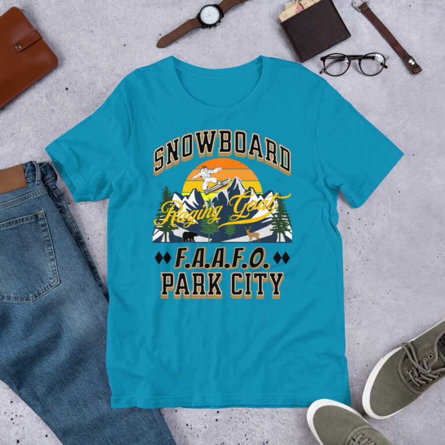 Raging Goat Park City Utah FAAFO Snowboard Skiing T Shirt Unisex t-shirt, Men Women, Teens, Gift For Him Gift For Her Ski Shirt unisex staple t shirt aqua front 67119b5a36681