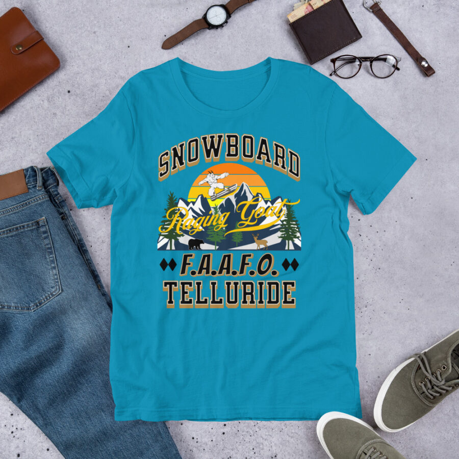 Raging Goat Telluride Colorado FAAFO Snowboard Skiing T Shirt Unisex t-shirt, Men Women, Teens, Gift For Him Gift For Her Ski Shirt unisex staple t shirt aqua front 6711a2932ee0e