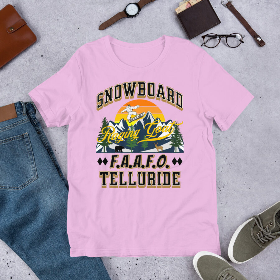 Raging Goat Telluride Colorado FAAFO Snowboard Skiing T Shirt Unisex t-shirt, Men Women, Teens, Gift For Him Gift For Her Ski Shirt unisex staple t shirt lilac front 6711a3b4836f4