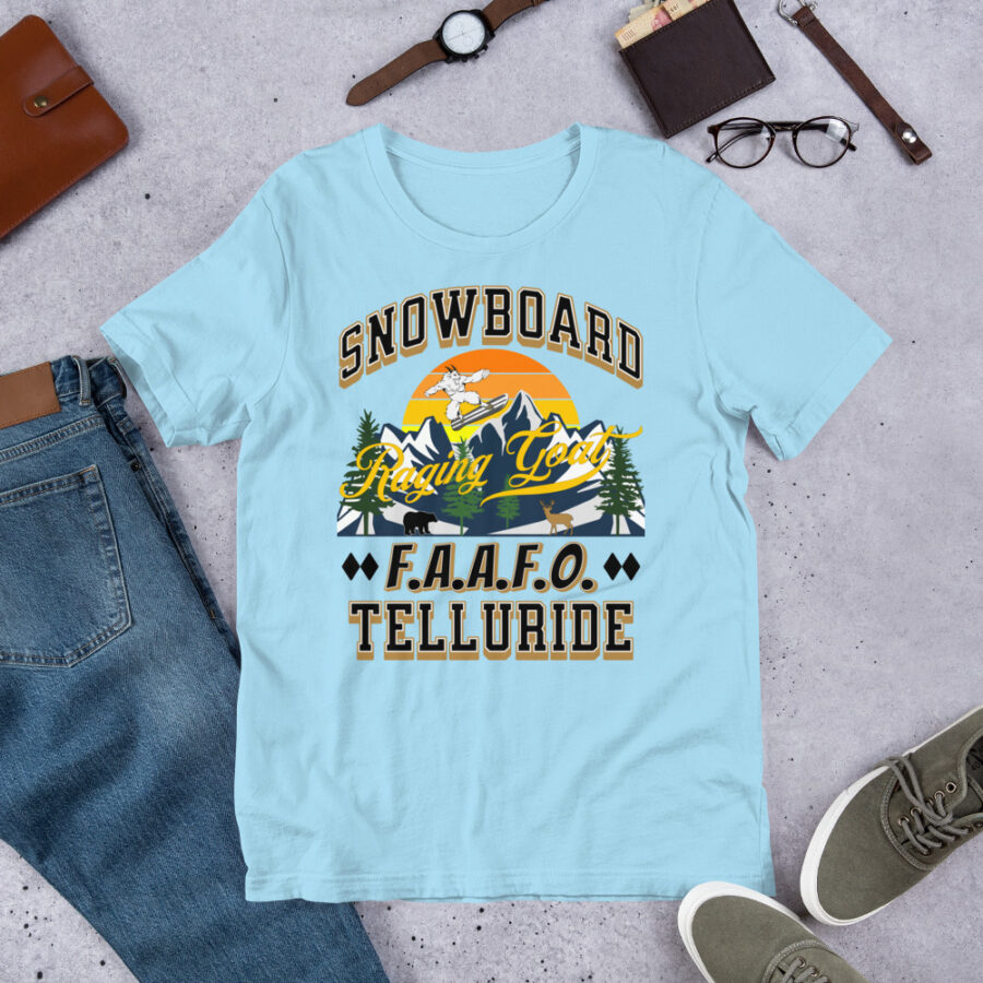 Raging Goat Telluride Colorado FAAFO Snowboard Skiing T Shirt Unisex t-shirt, Men Women, Teens, Gift For Him Gift For Her Ski Shirt unisex staple t shirt ocean blue front 6711a3b488d74