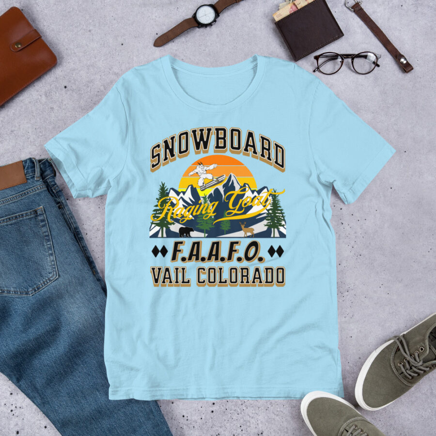 Raging Goat Vail Colorado FAAFO Snowboard Skiing T Shirt Unisex t-shirt, Men Women, Teens, Gift For Him Gift For Her Ski Shirt unisex staple t shirt ocean blue front 6711a67d3ac6b