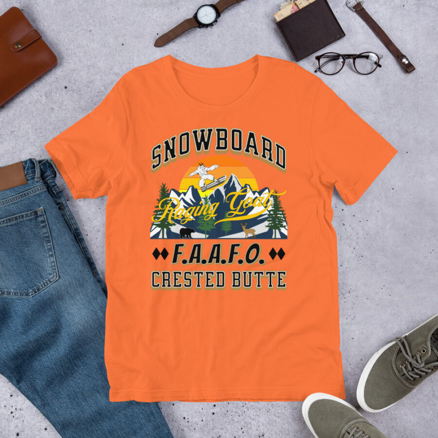 Raging Goat Crested Butte Colorado FAAFO Snowboard Skiing T Shirt Unisex t-shirt, Men Women, Teens, Gift For Him Gift For Her Ski Shirt unisex staple t shirt orange front 671152e41b494