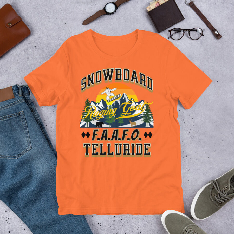 Raging Goat Telluride Colorado FAAFO Snowboard Skiing T Shirt Unisex t-shirt, Men Women, Teens, Gift For Him Gift For Her Ski Shirt unisex staple t shirt orange front 6711a292a27d0