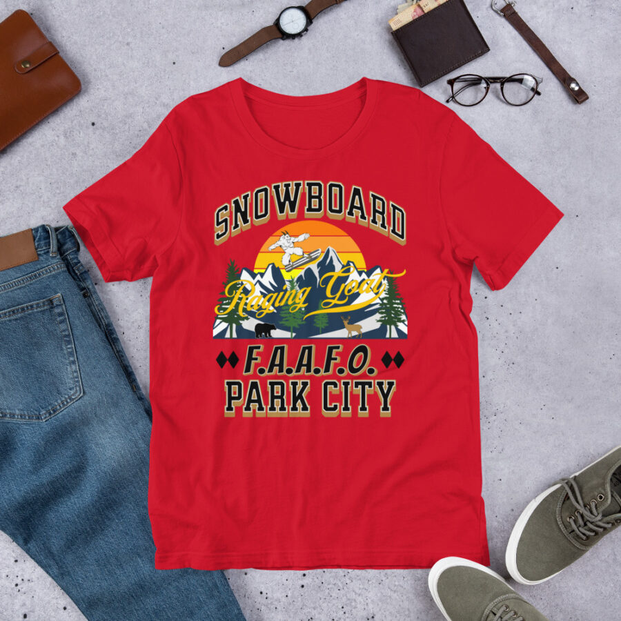 Raging Goat Park City Utah FAAFO Snowboard Skiing T Shirt Unisex t-shirt, Men Women, Teens, Gift For Him Gift For Her Ski Shirt unisex staple t shirt red front 67119b5a46219