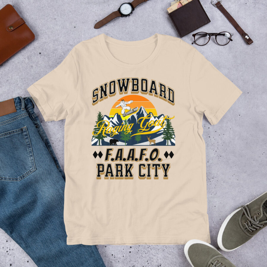 Raging Goat Park City Utah FAAFO Snowboard Skiing T Shirt Unisex t-shirt, Men Women, Teens, Gift For Him Gift For Her Ski Shirt unisex staple t shirt soft cream front 67119cc9ea2bc