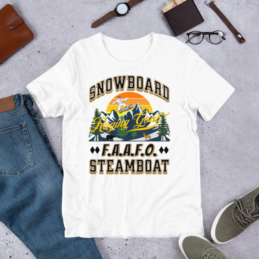 Raging Goat Steamboat Colorado FAAFO Snowboard Skiing T Shirt Unisex t-shirt, Men Women, Teens, Gift For Him Gift For Her Ski Shirt unisex staple t shirt white front 6711a0129114e