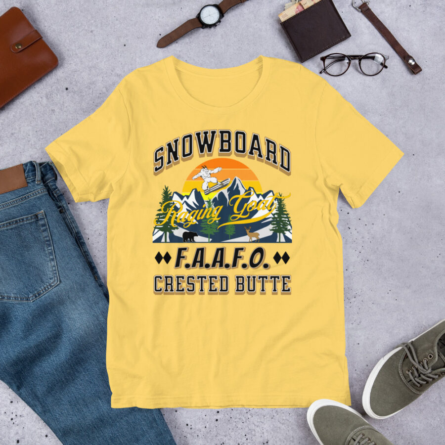 Raging Goat Crested Butte Colorado FAAFO Snowboard Skiing T Shirt Unisex t-shirt, Men Women, Teens, Gift For Him Gift For Her Ski Shirt unisex staple t shirt yellow front 6711564eaecff