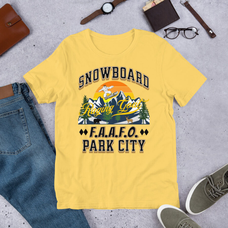 Raging Goat Park City Utah FAAFO Snowboard Skiing T Shirt Unisex t-shirt, Men Women, Teens, Gift For Him Gift For Her Ski Shirt unisex staple t shirt yellow front 67119cc9f34a4